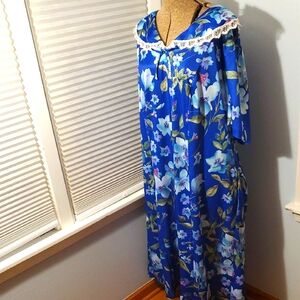 Floral Blue House Dress with Lace Trim 3X
